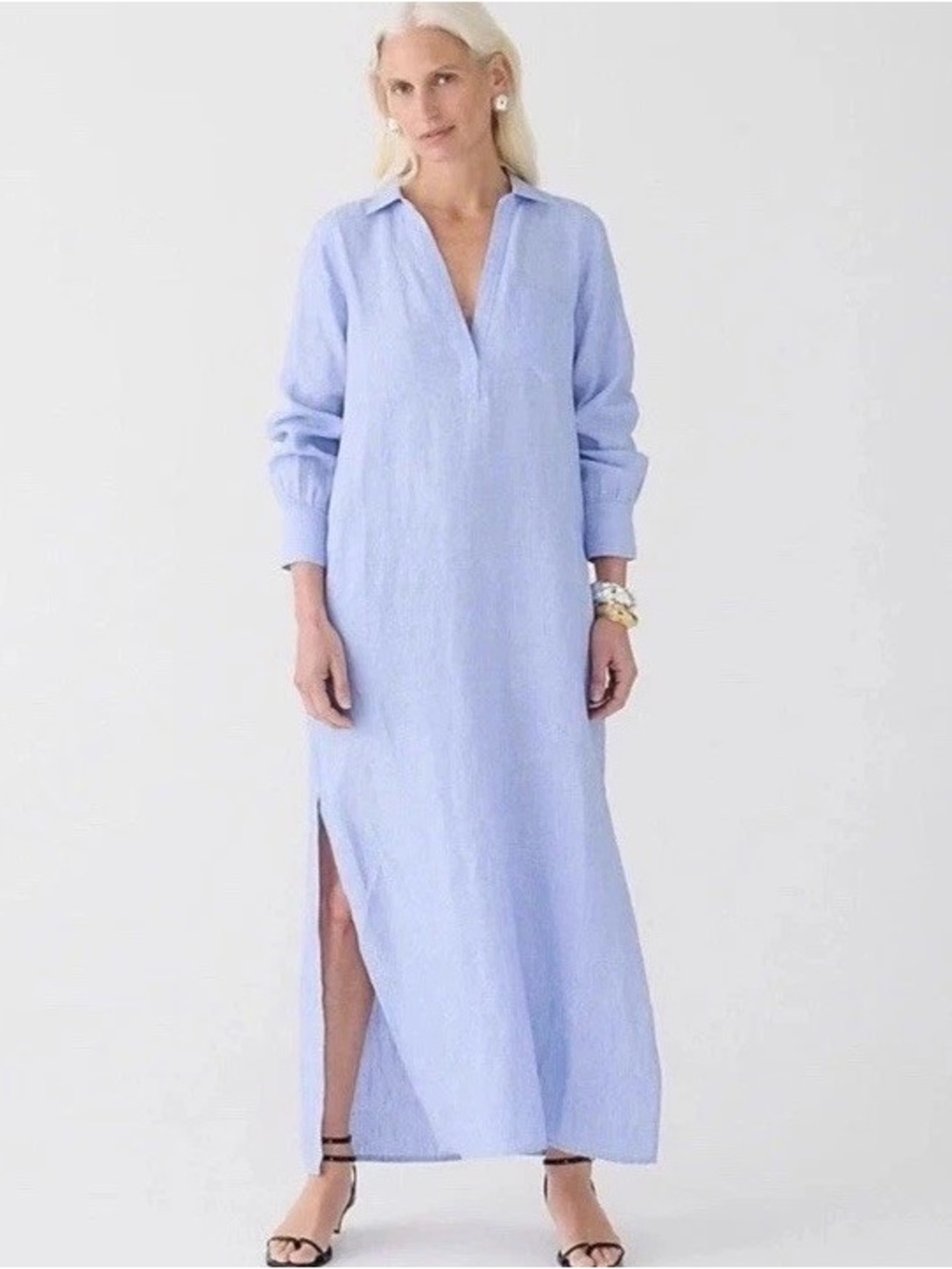 J.Crew 100% Linen Bungalow Maxi Popover Dress Blue Resortwear Women Medium